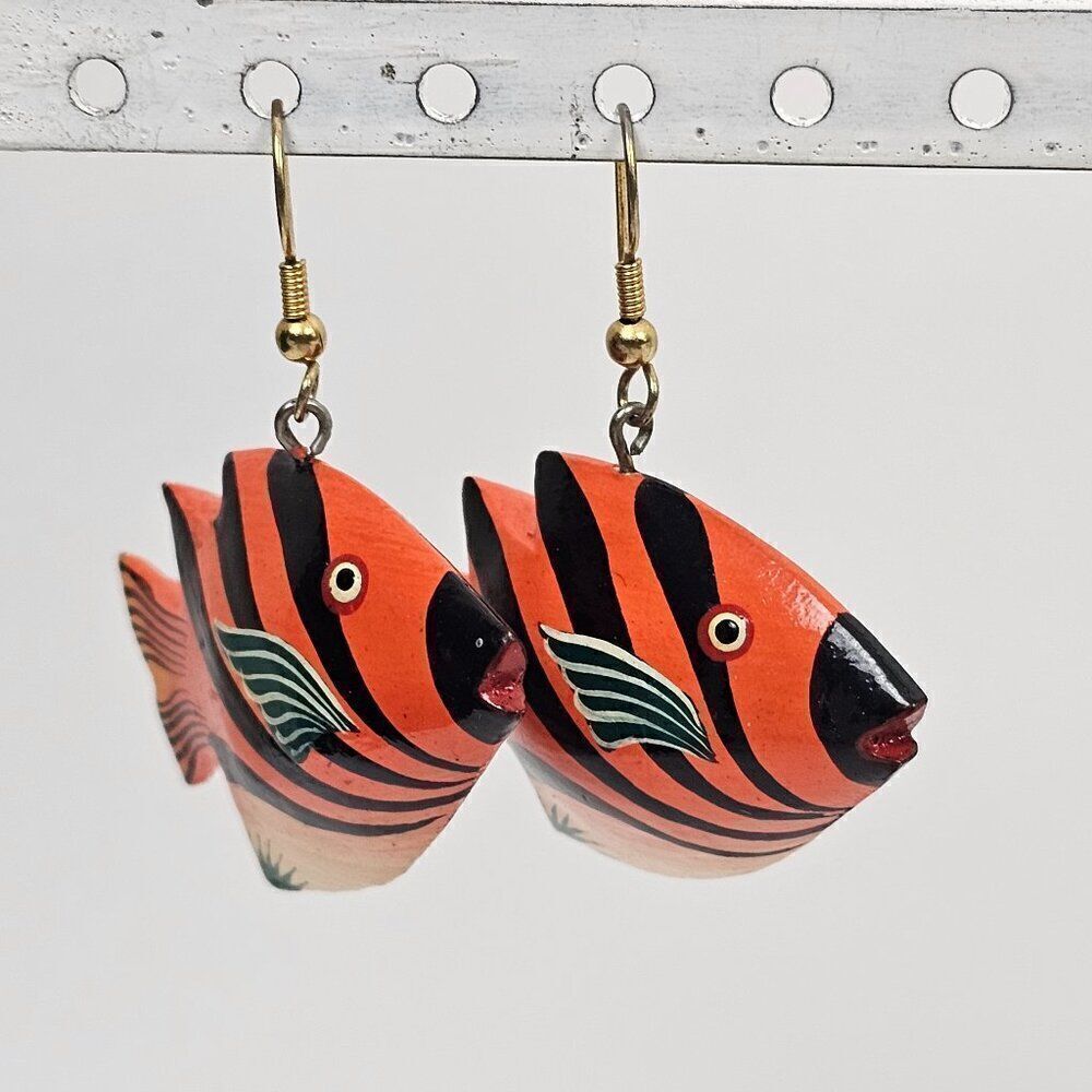 Vintage Fish Hand Painted Orange Wood Dangle Hook Pierced Tropical Boho Earrings